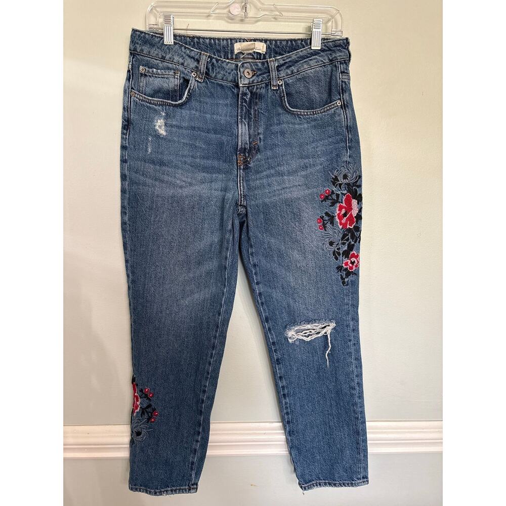 H&M L.O.G.G. Embroidered Floral Distressed Jeans Women’s US 10 Straight Leg
